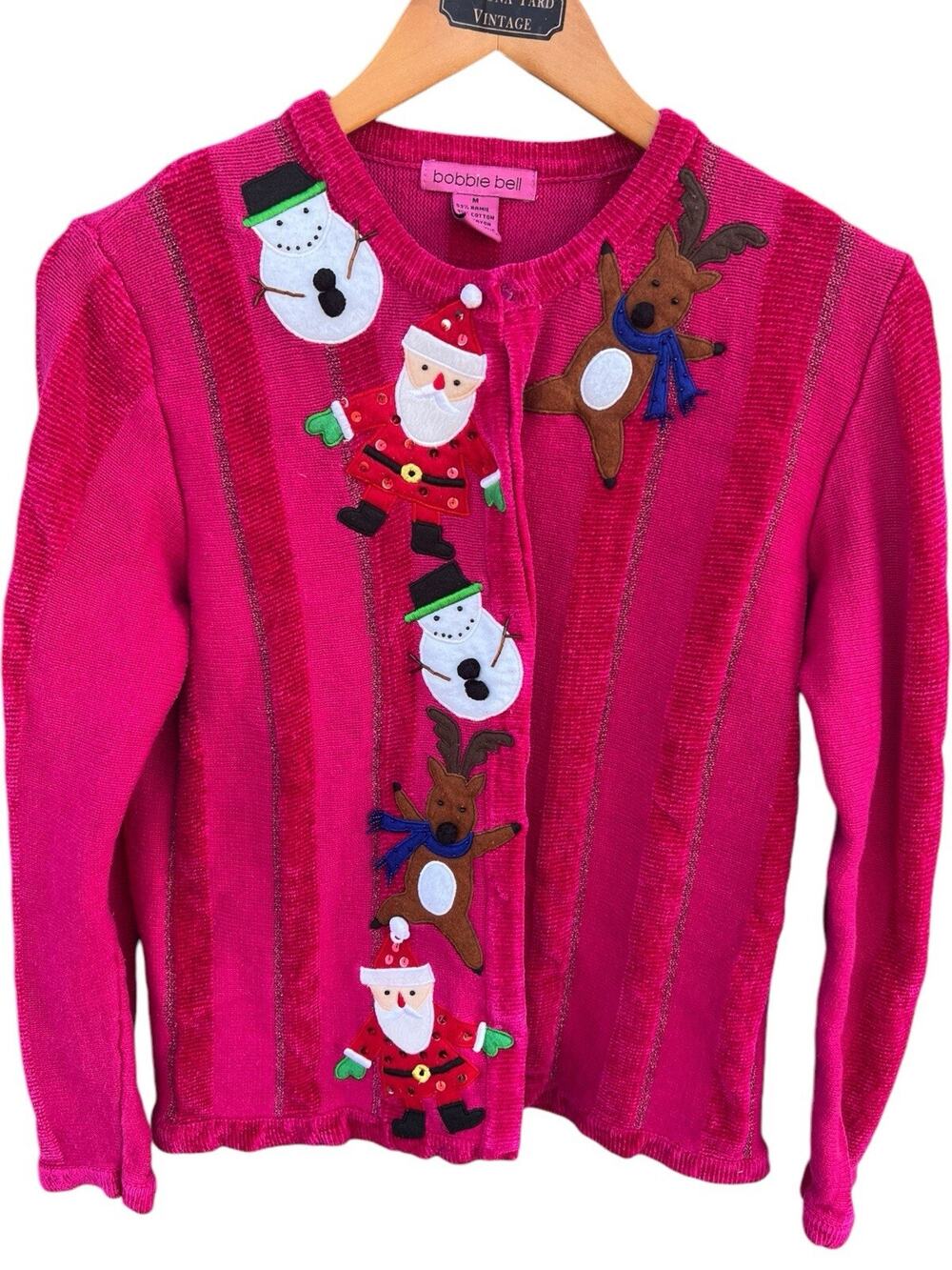Vintage Bobbie Bell Christmas Holiday Pink Cardigan Felt Appliques Beads Size M